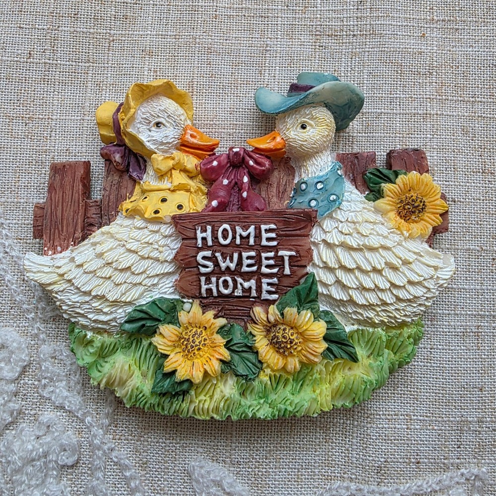 Resin Fridge Magnet with Geese and Sunflowers Reads Home Sweet Home